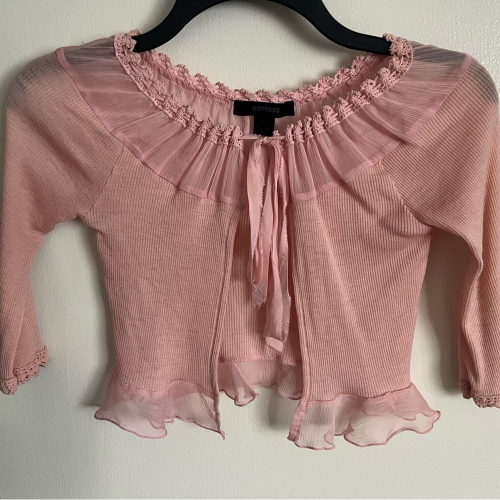00’s Express Light dusty  Pink Sheer Ruffle cardigan - Picture 3 of 5